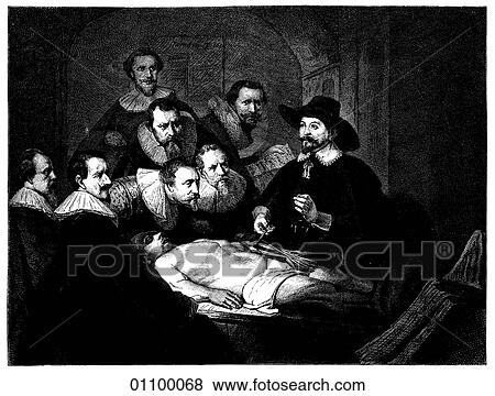 Stock Illustration - Paintings & Engravings - Engraving - Holland Painting in the Netherlands in the 17th. Century. "Anatomical Lecture by Doctor Tulp" by Rembrandt van Rijn (1606-1669) The artist was born in the year English playwright Ben Jonson wrote "Volpone" and Ga. Fotosearch