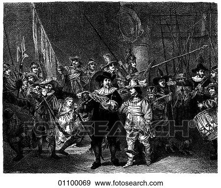 Stock Illustration - Paintings & Engravings - Engraving - Holland "Frans Banning Cock`s Company marching out"(the Nightwatch) by Rembrandt van Rijn (1606-1669) The artist was born in the year English playwright Ben Jonson wrote "Volpone" and Galileo invented the proport. Fotosearch