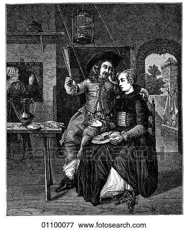 Stock Illustration - Paintings & Engravings- Engraving - Holland "At the Inn" by Gabriel Metsu (1629-1667) Metsu began his career as painter of religious scenes but changed to depictions of commercial life in the marketplace and domestic scenes. He was born in the year th. Fotosearch