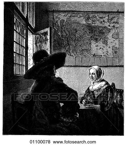 Stock Illustration - Paintings & Engravings - Engraving - Holland "The Soldier and the Laughing Girl" by J. van der Meer (Vermeer) (1632-1675) also known as Vermeer Vermeer`s work is noted for its interplay of light on surface and depth of field. It is perhaps for this re. Fotosearch