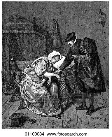 Stock Illustration - Paintings & Engravings - Engraving - Holland "The Sick Girl" by Jan Steen (1626-1679) Steen was a student of Adriaen van Ostade. He was the son of a brewer and himself worked as both a brewer and tavern-keeper. His work is noted for its richly detaile. Fotosearch
