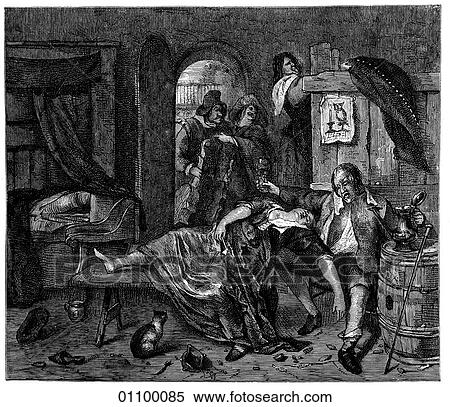 Paintings & Engravings - Engraving - Holland "After the Carouse" by Jan Steen (1626-1679) Steen was a student of Adriaen van Ostade. He was the son of a brewer and himself worked as both a brewer and tavern-keeper. His work, especially in this exampl View Large Illustration Stock Illustration - Paintings & Engravings - Engraving - Holland "After the Carouse" by Jan Steen (1626-1679) Steen was a student of Adriaen van Ostade. He was the son of a brewer and himself worked as both a brewer and tavern-keeper. His work, especially in this exampl. Fotosearch