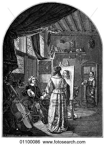Stock Illustration - Paintings & Engravings - Engraving - Holland "At the Easel" by Frans van Mieris (1635-1681) The painter was a Dutch genre painter who for the most part specialized in depicting the middle and upper-classes. He was born in the year the colonization of. Fotosearch