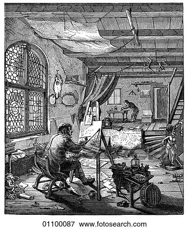 Stock Illustration - Paintings & Engravings - Engraving - Holland "The Artist in his Studio" from an etching by Adriaen van Ostade (1610-1685) The painter was a prolific artist who, in addition to executing small scale works in oils, was an accomplished etcher. It is beli. Fotosearch