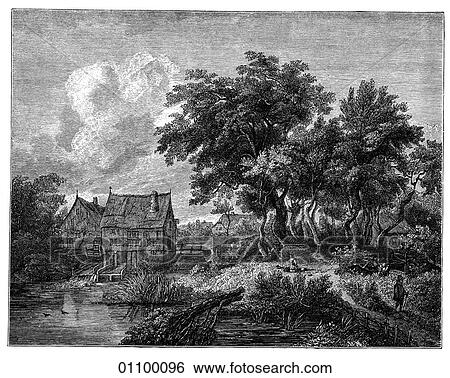 Stock Illustration - Paintings & Engravings - Engraving - Holland "The Water Mill" by Meindert Hobbema (1638-1709) The painter was an important and influential landscape artist (after his death in poverty) of the Dutch Baroque school. He had little success in his lifetime. Fotosearch