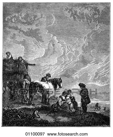 Stock Illustration - Paintings & Engravings - Engraving - Holland "The Harvest-Waggon" by Philips Wouwerman (1619-1668). The painter`s work is a strong example of the Dutch Baroque style. He painted mainly country scenes involving animals and is especially noted for his. Fotosearch