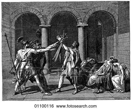 Paintings & Engravings - engraving - France "The Oath of the Horatii" by Jacques Louis David (1748-1824) This massive painting (14` x 11`) depicts three brothers of the Horatii (citizens of Rome) taking a blood oath before their father to defend the c View Large Illustration Stock Illustration - Paintings & Engravings - engraving - France "The Oath of the Horatii" by Jacques Louis David (1748-1824) This massive painting (14` x 11`) depicts three brothers of the Horatii (citizens of Rome) taking a blood oath before their father to defend the c. Fotosearch