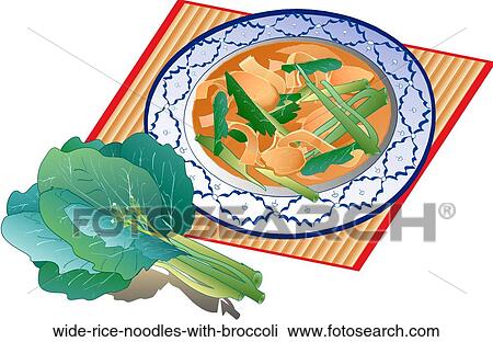 Wide Rice Noodles with Broccoli View Large Illustration Drawing - Wide Rice Noodles with Broccoli. Fotosearch