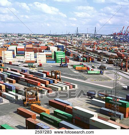 Aerial view of cargo containers at commercial dock View Large Photo Image Stock Image - Aerial view of cargo containers at commercial dock . Fotosearch