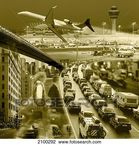 Stock Image - Airplane flying over traffic, Munich Airport, Munich, Bavaria, Germany . Fotosearch