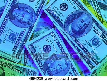 American banknotes in colored light View Large Photo Image Stock Photo - American banknotes in colored light . Fotosearch