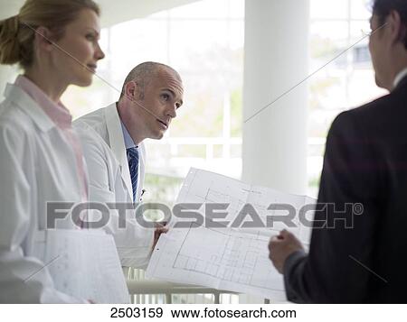 Architect discussing blueprint with doctors View Large Photo Image Stock Photo - Architect discussing blueprint with doctors . Fotosearch