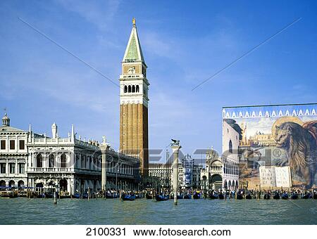 Bell tower at town square, St. Mark's Square, Veneto, Venice, Veneto, Italy View Large Photo Image Stock Image - Bell tower at town square, St. Mark's Square, Veneto, Venice, Veneto, Italy . Fotosearch