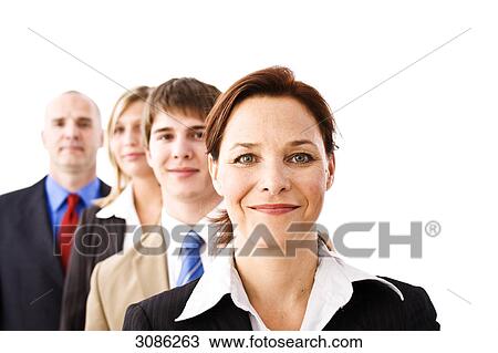 Stock Image - Business people standing in a row, front view, close-up . Fotosearch