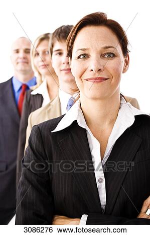 Stock Photograph - Business people standing in a row, front view, close-up . Fotosearch