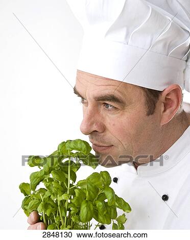 Chef smelling basil View Large Photo Image Stock Image - Chef smelling basil . Fotosearch