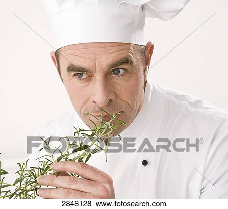 Chef smelling rosemary View Large Photo Image Stock Photo - Chef smelling rosemary . Fotosearch