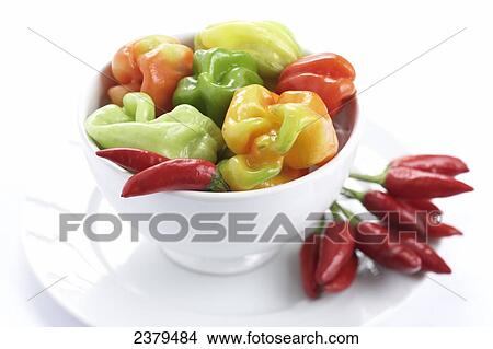 Close-up of bowl of bell peppers and red chili peppers on plate View Large Photo Image Picture - Close-up of bowl of bell peppers and red chili peppers on plate . Fotosearch