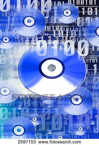 Stock Image - Close-up of compact disks superimposed on binary code background . Fotosearch