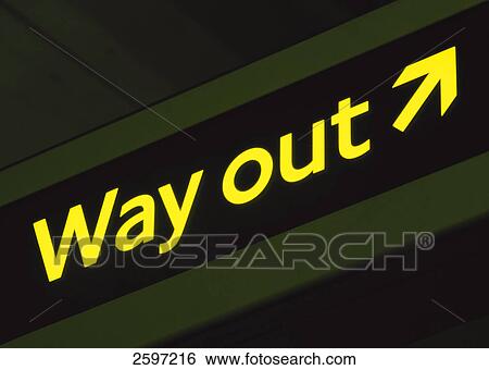 Close-up of neon way out sign View Large Photo Image Stock Photograph - Close-up of neon way out sign . Fotosearch