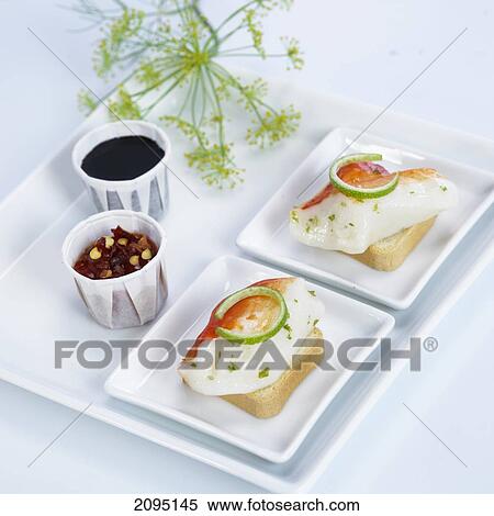 Close-up of seafood toasted on bread View Large Photo Image Stock Photography - Close-up of seafood toasted on bread . Fotosearch