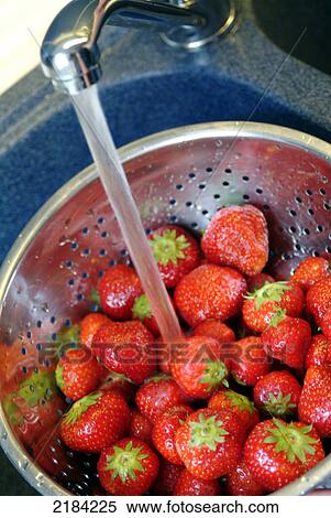 Stock Photography - Close-up of strawberries in colander under faucet . Fotosearch