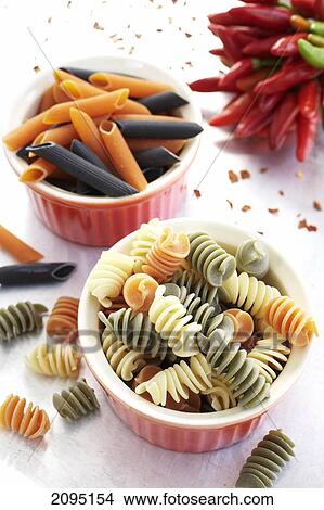 Close-up of two bowls of pasta with red chili peppers View Large Photo Image Picture - Close-up of two bowls of pasta with red chili peppers . Fotosearch