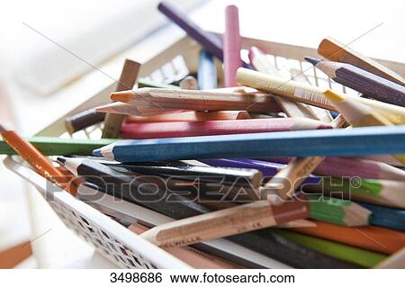 Coloured pencils in a basket, close-up View Large Photo Image Stock Photograph - Coloured pencils in a basket, close-up . Fotosearch