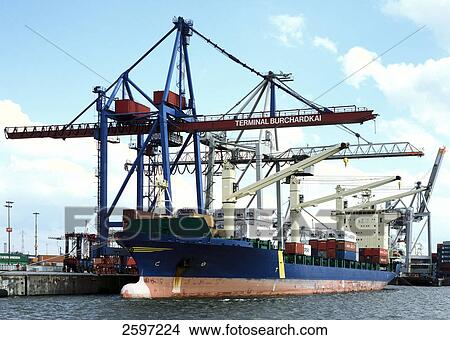 Picture - Cranes at harbor . Fotosearch