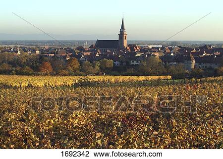 Stock Image - Cultivated field in front of town . Fotosearch