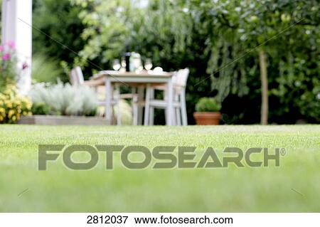 Stock Photo - Grass with lunch served on table in background . Fotosearch