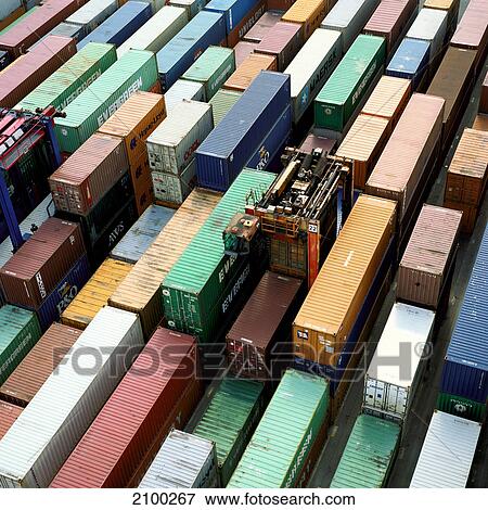 High angle view of cargo containers at port, Hamburg, Germany View Large Photo Image Stock Photo - High angle view of cargo containers at port, Hamburg, Germany . Fotosearch