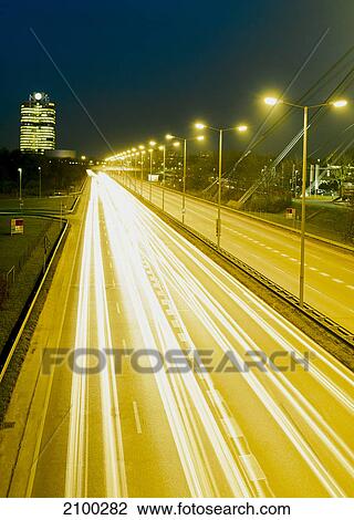 High angle view of traffic in motion at night, Germany View Large Photo Image Stock Image - High angle view of traffic in motion at night, Germany . Fotosearch