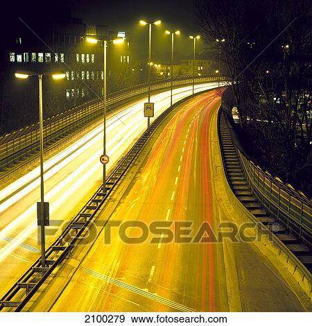 High angle view of traffic in motion at night, Germany View Large Photo Image Stock Photo - High angle view of traffic in motion at night, Germany . Fotosearch