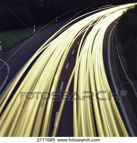 High angle view of traffic on road at night View Large Photo Image Stock Photo - High angle view of traffic on road at night . Fotosearch