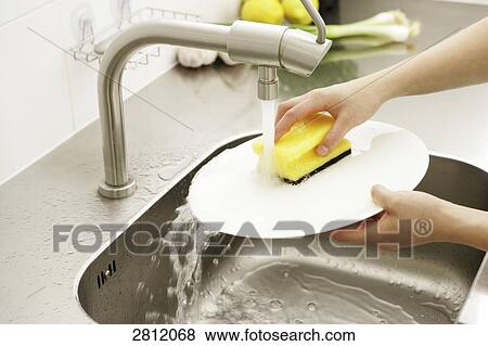 Stock Photo - Person washing plate in kitchen . Fotosearch
