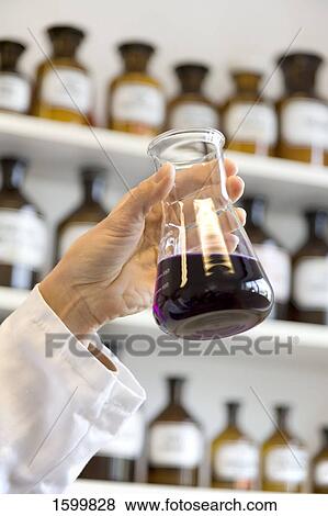 Scientist holding conical flask in laboratory View Large Photo Image Stock Photo - Scientist holding conical flask in laboratory . Fotosearch