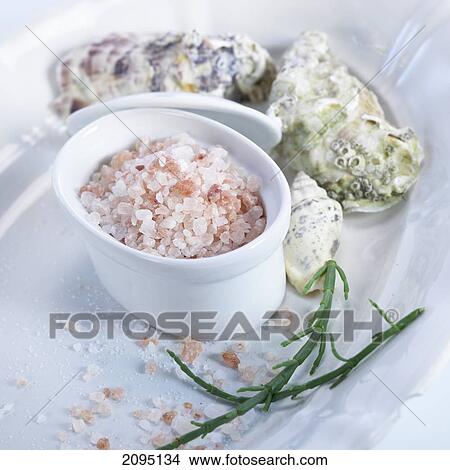 Sea salt crystals in bowl with mussels and chives on tray View Large Photo Image Picture - Sea salt crystals in bowl with mussels and chives on tray . Fotosearch