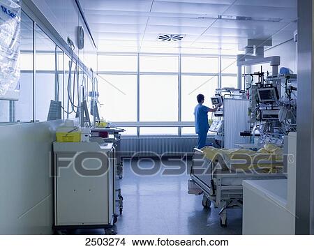 Picture - Side profile of doctor using computer in hospital ward . Fotosearch
