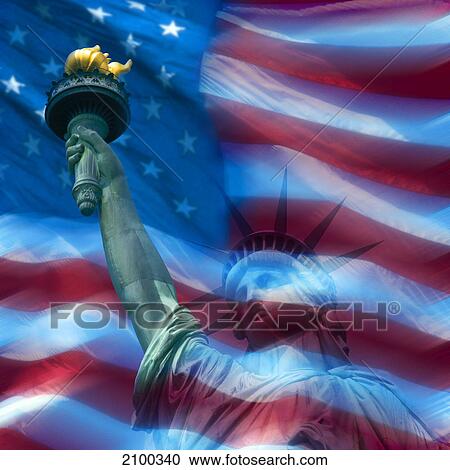 Stock Image - Statue of liberty superimposed on American flag, New York City, New York State, USA . Fotosearch