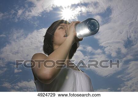 Stock Photo - Young woman outdoors drinking from bottle of water . Fotosearch