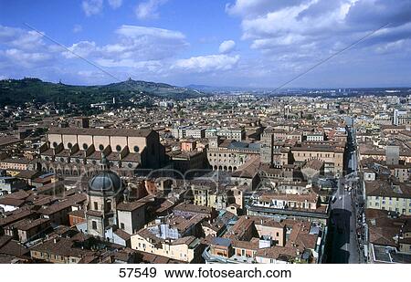 Aerial view of a city viewed from Torre Asinella, Piazza Mercanzia, Bologna, Emilia-Romagna, Italy View Large Photo Image Stock Photo - Aerial view of a city viewed from Torre Asinella, Piazza Mercanzia, Bologna, Emilia-Romagna, Italy . Fotosearch