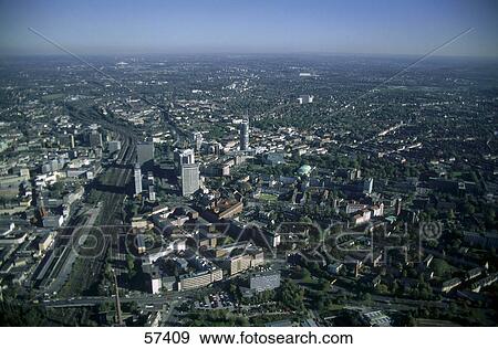Stock Photo - Aerial view of city, Essen, North Rhine-Westphalia, Germany . Fotosearch