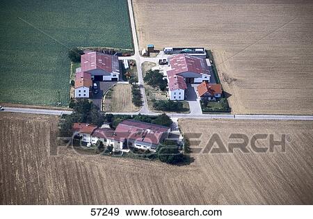 Aerial view of farm buildings, Hesse, Germany View Large Photo Image Stock Photo - Aerial view of farm buildings, Hesse, Germany . Fotosearch