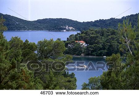 Boat moving in lake, Mljet, Dalmatia, Croatia View Large Photo Image Stock Image - Boat moving in lake, Mljet, Dalmatia, Croatia . Fotosearch