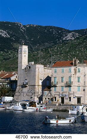 Stock Image - Boats at harbor, Komiza, Vis Island, Dalmatia, Croatia . Fotosearch