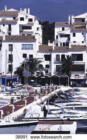 Stock Image - Boats on a harbor, Marbella, Spain . Fotosearch