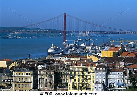 Stock Image - Bridge across river, 25 De Abril Bridge, Mouraria, Lisbon, Portugal . Fotosearch