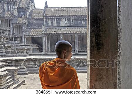 Buddhist monk in a temple, Angkor, Cambodia, rear view View Large Photo Image Stock Image - Buddhist monk in a temple, Angkor, Cambodia, rear view . Fotosearch
