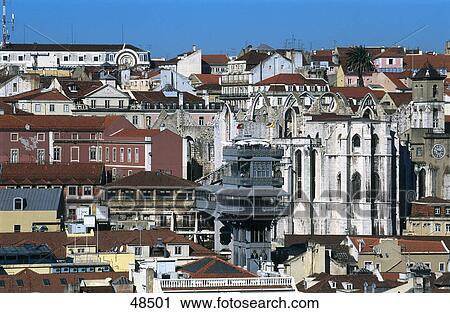 Buildings in city, Santa Justa Lift, Carmo Convent, Lisbon, Portugal View Large Photo Image Stock Image - Buildings in city, Santa Justa Lift, Carmo Convent, Lisbon, Portugal . Fotosearch